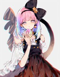 Rule 34 | 1girl, apple, bare shoulders, black bow, black dress, black hairband, blue hair, bow, dress, earrings, food, forever 7th capital, fruit, gradient hair, hair bow, hairband, hand up, holding, holding food, holding fruit, jewelry, long sleeves, looking at viewer, multicolored hair, off-shoulder shirt, off shoulder, parted lips, pink eyes, pink hair, ririko (forever 7th capital), sapphire (nine), shirt, solo, white shirt, wide sleeves