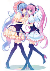 Rule 34 | 2girls, absurdres, black legwear, blue eyes, blue hair, boots, breasts, cleavage, holding hands, high heels, highres, legs, maid, multiple girls, nanao naru, orange eyes, pink hair, shoes, thigh boots, thighhighs, twintails, wings, yuri