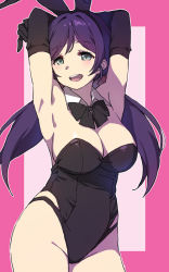 Rule 34 | 1girl, animal ears, armpits, arms up, black bow, black bowtie, black gloves, black leotard, bow, bowtie, breasts, cleavage, detached collar, duke (inu daimyou), elbow gloves, gloves, green eyes, large breasts, leotard, long hair, looking at viewer, love live!, love live! school idol project, low twintails, playboy bunny, purple hair, rabbit ears, smile, solo, tojo nozomi, twintails