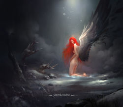 Rule 34 | 1girl, angel, angel wings, ass, breasts, completely nude, feathers, grass, highres, log, looking at viewer, monster, monster girl, nude, original, red hair, scott shi, sideboob, snow, wings