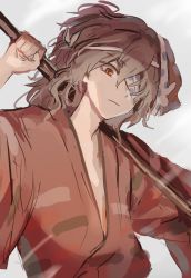 Rule 34 | 1other, ametsukana yago, androgynous, bandage over one eye, brown hair, closed mouth, commentary request, hemo (hemoroda), highres, holding, japanese clothes, kimono, len&#039;en, long hair, long sleeves, mask, mask on head, orange eyes, red kimono, simple background, sketch, solo, upper body, white background