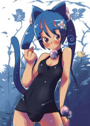 Rule 34 | 1girl, animal ears, black one-piece swimsuit, blue hair, blue theme, brown eyes, cat ears, cat tail, one-piece swimsuit, original, school swimsuit, solo, swimsuit, tail, thighhighs, ushihashiru, white thighhighs