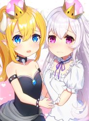 Rule 34 | 2girls, aged down, bare shoulders, black dress, blonde hair, blue eyes, blush, bowsette, bracelet, closed mouth, collar, collarbone, commentary request, crown, detached collar, dress, elbow gloves, fang, fang out, frilled gloves, frills, gloves, gradient background, hair between eyes, heart, highres, horns, jewelry, long hair, luigi&#039;s mansion, mario (series), mini crown, multiple girls, neck ribbon, new super mario bros. u deluxe, nintendo, omelet tomato, open mouth, pink background, pointy ears, ponytail, princess king boo, puffy short sleeves, puffy sleeves, purple eyes, purple ribbon, ribbon, short sleeves, silver hair, spiked bracelet, spiked collar, spikes, strapless, strapless dress, super crown, tears, tilted headwear, very long hair, white background, white collar, white dress, white gloves