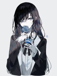 Rule 34 | 1girl, absurdres, ado (utaite), black bow, black bowtie, black coat, black hair, blue eyes, blue flower, blue rose, bow, bowtie, chandelier, chando (ado), closed mouth, cloud nine inc, coat, collared shirt, commentary, cropped torso, dress shirt, flower, flower brooch, gloves, grey background, highres, holding, holding flower, long hair, long sleeves, looking at viewer, mole, mole under eye, open clothes, open coat, rose, shade, shadow, shirt, sidelocks, simple background, solo, umemaro (siona0908), upper body, utaite, white gloves, white shirt