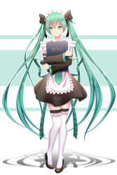 Rule 34 | 1girl, apron, black footwear, black ribbon, black skirt, detached sleeves, floating hair, frilled apron, frilled thighhighs, frills, full body, geduan, green eyes, green hair, green neckwear, hair between eyes, hair ribbon, hatsune miku, high heels, highres, holding, long hair, looking at viewer, maid, maid headdress, menu, miniskirt, pumps, ribbon, skirt, smile, solo, standing, thighhighs, twintails, very long hair, vocaloid, white apron, white background, white thighhighs, zettai ryouiki