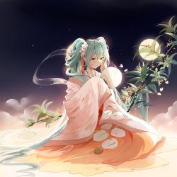 Rule 34 | 1girl, absurdres, aqua eyes, aqua hair, black sky, bug, butterfly, chinese clothes, chuushuu meigetsu miku, commentary, closed eyes, flower, full moon, hagoromo, hair flower, hair ornament, hand fan, hatsune miku, highres, holding, holding fan, bug, long hair, looking down, moon, night, night sky, paper fan, plant, red skirt, see-through, shawl, sitting, skirt, sky, sleeves past fingers, sleeves past wrists, smile, snow rabbit, solo, star (sky), stuko, tassel, twintails, uchiwa, very long hair, vocaloid, wide sleeves