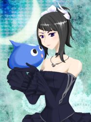 Rule 34 | 1girl, aq interactive, bare shoulders, black hair, blue eyes, breasts, choker, detached sleeves, dress, gloves, hair ornament, jewelry, manamia, mistwalker, monster, necklace, nintendo, short hair, the last story