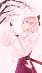 Rule 34 | 1girl, ahoge, alternate costume, black bow, blonde hair, bow, cherry blossoms, commentary request, fate/grand order, fate (series), hair between eyes, hair bow, highres, japanese clothes, kimono, long sleeves, okita souji (fate), okita souji (koha-ace), red skirt, short hair, skirt, solo, sora (men0105), white kimono, wide sleeves