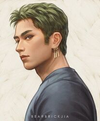 Rule 34 | 1boy, artist name, black shirt, brown eyes, earrings, green hair, jewelry, karmen loh, looking at viewer, male focus, multiple earrings, one piece, one piece (live action), portrait, roronoa zoro, shirt, short hair, sideburns, simple background, solo