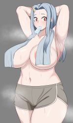 Rule 34 | 1girl, absurdres, aged up, areola slip, armpits, arms behind head, arms up, blush, boku no hero academia, breasts, cameltoe, collarbone, convenient censoring, curvy, dolphin shorts, eri (boku no hero academia), food, food in mouth, grey background, grey hair, grey shorts, heavy breathing, highres, horn, horns, huge breasts, large areolae, long hair, looking at viewer, onisan, popsicle, popsicle in mouth, red eyes, short shorts, shorts, solo, standing, stomach, sweat, thick thighs, thighs, topless, towel, towel over breasts, wide hips