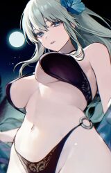 Rule 34 | 1girl, bare hips, bare shoulders, bikini, black bikini, blue eyes, blue flower, breasts, cleavage, commentary request, cowboy shot, fate/grand order, fate (series), flower, full moon, green hair, groin, hair between eyes, hair flower, hair ornament, half-closed eyes, hands up, highres, large breasts, lips, long hair, looking at viewer, moon, moonlight, morgan le fay (fate), navel, night, night sky, o-ring, o-ring bottom, open mouth, outdoors, parted lips, sidelocks, sky, solo, stomach, swimsuit, teeth, thighs, underboob, upper teeth only, vivi (eve no hakoniwa)