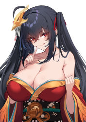 Rule 34 | 1girl, :p, azur lane, bare shoulders, black hair, breasts, cleavage, hair ornament, highres, japanese clothes, kimono, large breasts, licking lips, looking at viewer, nakatama kyou, naughty face, partially undressed, pointing, pointing at viewer, red eyes, seductive smile, smile, solo, taihou (azur lane), tongue, tongue out, twintails, undressing, upper body