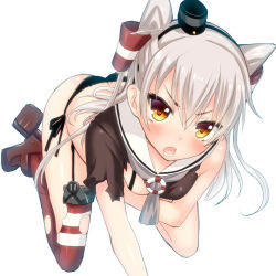 Rule 34 | 10s, 1girl, amatsukaze (kancolle), black panties, blush, breasts, brown eyes, dress, garter straps, kantai collection, lace, lace-trimmed panties, lace trim, long hair, looking at viewer, no pants, open mouth, panties, red thighhighs, sailor dress, saki chisuzu, school uniform, serafuku, side-tie panties, silver hair, simple background, small breasts, solo, striped clothes, striped thighhighs, thighhighs, torn clothes, torn dress, twintails, two side up, underwear, white background