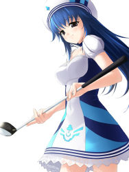 Rule 34 | 1girl, arin, beret, blue eyes, blue hair, breasts, choker, cleavage, collarbone, covered navel, cowboy shot, dress, golf club, hat, long hair, matching hair/eyes, pangya, puffy short sleeves, puffy sleeves, purple eyes, rokuwata tomoe, short sleeves, simple background, smile, solo, standing, white background