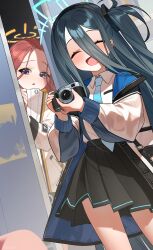 Rule 34 | +++, 2girls, absurdly long hair, absurdres, aris (blue archive), black hair, black skirt, blue archive, blue halo, blue necktie, blush, camera, closed eyes, collared shirt, cowboy shot, halo, highres, holding, holding camera, jacket, long hair, multiple girls, necktie, one side up, open mouth, pleated skirt, purple eyes, red hair, sei!cho, shirt, skirt, smile, two-sided fabric, two-sided jacket, very long hair, white jacket, white shirt, yellow halo, yuzu (blue archive)