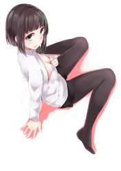 Rule 34 | 1girl, black hair, black pantyhose, black shorts, blue eyes, breasts, cleavage, cleavage cutout, clothing cutout, funyariko, green eyes, highres, looking at viewer, medium breasts, meme attire, no shoes, open-chest sweater, original, pantyhose, short hair, shorts, simple background, sitting, solo, sweater, white background