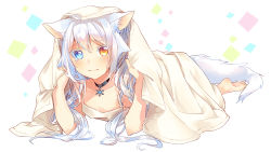 Rule 34 | 1girl, 3:, ahoge, animal ears, barefoot, blanket, blue eyes, blush, camisole, cat ears, cat tail, catulus syndrome, choker, closed mouth, collarbone, colored eyelashes, commentary request, full body, furrowed brow, heterochromia, highres, long hair, looking at viewer, lying, official art, on stomach, orange eyes, shinonome neko-tarou, shirakaba yuki, silver hair, simple background, soles, solo, tail, tears, under covers, white background