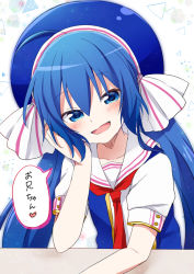 Rule 34 | 1girl, arm support, blue eyes, blue hair, blue headwear, blue shirt, blush, collar, commentary, half-closed eyes, head rest, large hat, looking at viewer, necktie, open mouth, otomachi una, otomachi una (sugar), red necktie, sailor collar, shirt, short sleeves, sitting, smile, solo, speech bubble, sudachi (calendar), translated, twintails, upper body, vocaloid, white collar