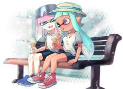 Rule 34 | 2girls, aqua bow, aqua hair, bike shorts, blue eyes, blue footwear, blush, bow, brown headwear, commentary request, cross-laced footwear, fang, food, hat, hat bow, holding, holding ice cream cone, ice cream, ice cream cone, inkling, inkling girl, inkling player character, long hair, minamidena, multiple girls, nintendo, on bench, one eye closed, open mouth, pink hair, pointy ears, red eyes, red footwear, shirt, shoes, single bare shoulder, sitting, smile, splatoon (series), splatoon 3, sunglasses, tentacle hair, torn clothes, torn shirt, white shirt