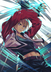 Rule 34 | 1boy, arms up, battle, belt, blonde hair, denim, energy, fatal fury, fighting stance, fingerless gloves, garou: mark of the wolves, gloves, glowing, glowing eyes, highres, incoming attack, jacket, jeans, open mouth, pants, red eyes, rock howard, teeth, the king of fighters, toned, yupill