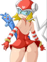 Rule 34 | 1girl, arms at sides, ass, ass focus, blonde hair, capcom, dress, guitar, harp note (mega man), sonia strumm (mega man), instrument, looking back, lowres, red dress, mega man (series), spread legs, thick thighs, thighs