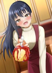 Rule 34 | 1girl, absurdres, black hair, blush, boku no kokoro no yabai yatsu, brown eyes, dress, earrings, foreshortening, highres, holding, holding spoon, incoming food, indoors, jewelry, long hair, looking at viewer, milletfly, open mouth, red dress, ribbed sweater, solo, spoon, sweater, sweater under dress, turtleneck, turtleneck sweater, white sweater, yamada anna