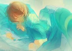 Rule 34 | 1other, absurdres, androgynous, asriel dreemurr, blanket, blue jacket, blue theme, brown hair, chara (undertale), child, chinese commentary, closed eyes, collared shirt, covering with blanket, facing viewer, feet out of frame, folder, from side, highres, holding, holding folder, holding paper, jacket, lazy kun, long sleeves, lying, off shoulder, on side, other focus, out of frame, paper, pillow, shirt, short hair, sleeping, solo focus, undertale, white shirt