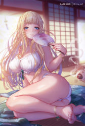 Rule 34 | 1girl, anklet, arm support, bad id, bad pixiv id, barefoot, blonde hair, blue eyes, blush, bra, bracelet, breasts, cleavage, closed mouth, feet, hand fan, holding, holding fan, jewelry, large breasts, long hair, mitsu (mitsu art), original, panties, paper fan, shouji, sitting, sliding doors, smile, smoke, thick eyebrows, thighs, toes, uchiwa, underwear, white bra, white panties