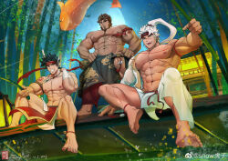Rule 34 | 3boys, abs, absurdres, bamboo, bamboo forest, bandana around arm, bara, beard, character request, dark-skinned male, dark skin, facial hair, feet, forest, from below, full beard, full body, gan ning, grin, headband, high ponytail, highres, huzee tiger, large pectorals, male focus, multiple boys, muscular, muscular male, nature, navel, nipples, pectorals, scar, shin sangoku musou, short hair, smile, stomach, thick beard, thick eyebrows, topless male, v-taper