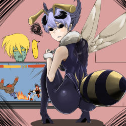Rule 34 | ..., 1girl, antennae, arc system works, ass, bad id, bad pixiv id, bee, bee girl, blue hair, blush, bug, capcom, guilty gear, high heels, highleg, highleg leotard, highres, bug, arthropod girl, insect wings, kiyomasa f, leotard, looking at viewer, looking back, monster girl, pantyhose, playing games, potemkin (guilty gear), q-bee, robo-ky, shoes, short hair, skin tight, sleeveless, sol badguy, thong leotard, vampire (game), video game, wings