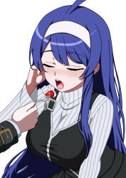 Rule 34 | 1boy, 1girl, ahoge, blue eyes, blue hair, blush, breasts, closed eyes, food, fork, fruit, hairband, highres, holding, holding fork, huge ahoge, kido hyde, large breasts, long hair, nishine2424, official alternate costume, open mouth, orie ballardiae harada, out of frame, shirt, simple background, strawberry, striped clothes, striped shirt, under night in-birth, white background, white hairband