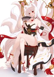 Rule 34 | 1girl, absurdres, animal ears, ara haan, bare legs, bare shoulders, barefoot, breasts, character request, cleavage, crossed legs, elsword, fox ears, fox tail, hair between eyes, hand fan, highres, holding, holding fan, japanese clothes, large breasts, long hair, long sleeves, looking at viewer, nyun, open mouth, red eyes, shakti (elsword), sitting, smile, tail, white hair, wide sleeves