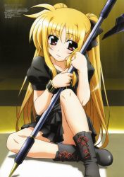 Rule 34 | 10s, 1girl, absurdres, animedia, bardiche (axe form) (nanoha), bardiche (nanoha), blonde hair, boots, fate testarossa, hashimoto takayoshi, highres, long hair, lyrical nanoha, mahou shoujo lyrical nanoha, mahou shoujo lyrical nanoha the movie 1st, non-web source, official art, panties, red eyes, scan, solo, twintails, underwear, very long hair