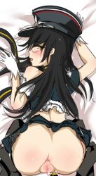 Rule 34 | 1girl, anus, ass, black hair, black hat, blush, character request, chunyan, clothes lift, dakimakura (medium), glasses, gloves, hat, long hair, looking at viewer, looking back, midriff, military hat, no panties, off shoulder, pussy, pussy juice, skirt, skirt lift, solo, solo focus, tagme, uncensored, unlight, white gloves