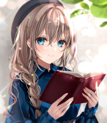Rule 34 | 1girl, absurdres, beret, black hat, blue eyes, blue shirt, book, braid, brown hair, closed mouth, collared shirt, commentary, english commentary, glasses, hair between eyes, hair ornament, hat, highres, holding, holding book, leaf, long hair, long sleeves, looking at viewer, open book, original, puracotte, shirt, smile, solo, star (symbol), star hair ornament, upper body, x hair ornament