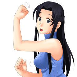 Rule 34 | 00s, 1girl, :d, black eyes, black hair, breasts, clenched hand, clenched hands, fist pump, half updo, hosokawa kanako, large breasts, long hair, looking at viewer, lowres, maria-sama ga miteru, maria sama, open mouth, simple background, sleeveless, sleeveless turtleneck, smile, solo, sweater vest, toshifumi, turtleneck, white background