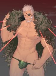 Rule 34 | abs, bara, beard, closed mouth, coat, earrings, facial hair, fate/grand order, fate (series), glasses, highres, hunterkay, jacket, jacket on shoulders, jewelry, large pectorals, male focus, muscular, navel, pectorals, penis, silver hair, smoking, solo, topless male, underwear, william tell (fate)