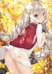Rule 34 | 1girl, :o, ahoge, aqua eyes, ass, autumn, autumn leaves, backpack, bag, black bow, black footwear, black sailor collar, bow, braid, dappled sunlight, day, dress, falling leaves, from behind, ginkgo leaf, hair between eyes, hair bow, highres, kokkoro (princess connect!), kokkoro (real) (princess connect!), leaf, leaning forward, leg up, long hair, long sleeves, looking at viewer, looking back, natsume kokkoro (princess connect!), outdoors, parted lips, plaid, plaid bow, princess connect!, randoseru, rong yi tan, sailor collar, sailor dress, solo, standing, standing on one leg, sunlight, thighhighs, twin braids, very long hair, white dress, white thighhighs