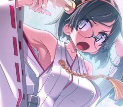 Rule 34 | 10s, 1girl, arm up, armpits, bare shoulders, black hair, blue eyes, blush, breasts, detached sleeves, glasses, hairband, headgear, japanese clothes, kantai collection, kirishima (kancolle), large breasts, open mouth, personification, ribbon-trimmed sleeves, ribbon trim, sakuya tsuitachi, short hair, solo