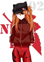 Rule 34 | 1girl, absurdres, black hat, blue eyes, bodysuit, breasts, brown hair, cowboy shot, evangelion: 3.0 you can (not) redo, expressionless, eyepatch, hands in pockets, hat, highres, jacket, lackerlin, logo, long hair, looking at viewer, medium breasts, neon genesis evangelion, plugsuit, rebuild of evangelion, red bodysuit, red jacket, shiny clothes, simple background, solo, souryuu asuka langley, standing, straight hair, swept bangs, twintails, very long hair