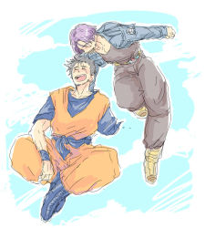 Rule 34 | 2boys, amputee, belt, black hair, blue background, boots, cloud, cloudy sky, crossed legs, day, denim, denim jacket, dougi, dragon ball, dragonball z, closed eyes, hand on another&#039;s back, happy, jacket, laughing, male focus, martial arts belt, multiple boys, open mouth, pants, purple hair, scar, simple background, sky, smile, son gohan, son gohan (future), trunks (dragon ball), trunks (future) (dragon ball), white background, wristband