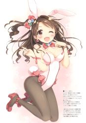Rule 34 | 1girl, ;d, absurdres, animal ears, bare shoulders, blush, breasts, brown eyes, brown hair, cleavage, double v, earrings, fake animal ears, flower, flower earrings, full body, gradient background, high heels, highres, idolmaster, idolmaster cinderella girls, jewelry, kani biimu, leotard, long hair, looking at viewer, medium breasts, one eye closed, one side up, open mouth, pantyhose, pink check school, playboy bunny, rabbit ears, rabbit tail, red footwear, ribbon, ribbon trim, scan, shimamura uzuki, shiny clothes, shiny skin, simple background, smile, solo, strapless, strapless leotard, tail, v, wrist cuffs
