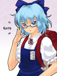 Rule 34 | 1girl, adjusting eyewear, arm up, backpack, bag, bespectacled, blue dress, blue eyes, blue hair, bow, cirno, dress, glasses, gradient background, hair bow, looking at viewer, name tag, purple background, randoseru, short hair, short sleeves, simple background, skirt, skirt set, solo, star (symbol), sun-3, text focus, touhou