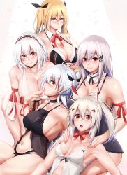 Rule 34 | 5girls, :o, antenna hair, arm ribbon, armpits, ass, ayanami (azur lane), azur lane, babydoll, bare shoulders, bikini, black bra, black choker, black hair, black panties, black ribbon, blonde hair, blush, bra, breasts, butterfly hair ornament, choker, cleavage, collarbone, commentary request, cowboy shot, crossed arms, detached collar, dunkerque (azur lane), finger to mouth, frown, gradient hair, grey hair, groin, hair between eyes, hair ornament, hair ribbon, hairband, hands on another&#039;s shoulders, hands on own thighs, headgear, high ponytail, highres, lace-trimmed hairband, lace trim, large breasts, leaning forward, leaning on person, long hair, looking at viewer, midriff, multicolored hair, multiple girls, nail polish, navel, nelson (azur lane), off-shoulder bra, open mouth, orange eyes, oriue wato, panties, pink background, pink nails, platinum blonde hair, ponytail, prinz eugen (azur lane), purple bikini, red eyes, red hair, red nails, red neckwear, red ribbon, ribbon, ribbon choker, short hair, sideboob, sidelocks, sideways glance, sirius (azur lane), small breasts, smile, spaghetti strap, streaked hair, swept bangs, swimsuit, twintails, two-tone background, two side up, underwear, underwear only, very long hair, white babydoll, white background, white bra, white hair