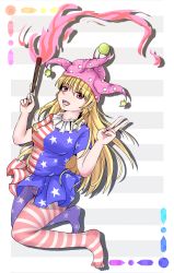 Rule 34 | 1girl, american flag dress, american flag legwear, american flag panties, american flag shirt, blonde hair, breasts, clownpiece, eyes visible through hair, grey background, hat, highres, hiyashi mikan, jester cap, long hair, looking at viewer, open mouth, panties, panties under pantyhose, pantyhose, pointy ears, red eyes, short sleeves, solo, striped background, striped clothes, striped pantyhose, teeth, thighs, toes, tongue, torch, touhou, underwear, v, very long hair, white background