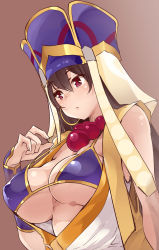 Rule 34 | 1girl, bare arms, beads, bikini, breasts, brown hair, closed mouth, commentary request, covered erect nipples, fate/grand order, fate (series), gradient background, hair between eyes, large breasts, long hair, open clothes, open vest, prayer beads, purple bikini, purple eyes, sleeveless, solo, strap gap, swimsuit, thomasz, underboob, upper body, vest, xuangzang sanzang (fate), yellow vest