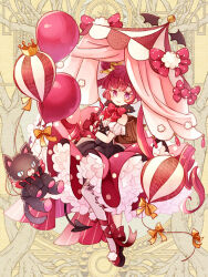 Rule 34 | 1girl, backpack, bag, balloon, bow, cat, crown, dairoku ryouhei, dress, full body, gloves, holding, holding umbrella, looking at viewer, oboro kurenai, parasol, polka dot, polka dot dress, purple eyes, red bow, red footwear, red gloves, red hair, red ribbon, ribbon, smile, solo, striped umbrella, thighhighs, tilted headwear, umbrella, virginia complex, yellow bow