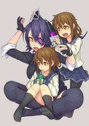 Rule 34 | 10s, 3girls, black socks, brown eyes, brown hair, commentary request, drinking, eyepatch, fang, fingerless gloves, folded ponytail, gloves, grey background, hair between eyes, headgear, ikazuchi (kancolle), inazuma (kancolle), indian style, kantai collection, kneehighs, multiple girls, no shoes, open mouth, pantyhose, purple hair, school uniform, serafuku, short hair, simple background, sitting, sitting on lap, sitting on person, skirt, socks, tenryuu (kancolle), thighhighs, yellow eyes, yuuji (and)