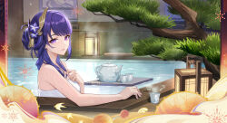 1girl absurdres bathing blunt_bangs breasts genshin_impact hair_bun hair_ornament highres long_hair looking_at_viewer mole mole_under_eye naked_towel official_alternate_hairstyle official_art onsen open_mouth partially_submerged purple_eyes purple_hair raiden_shogun third-party_source towel upper_body wet wet_hair