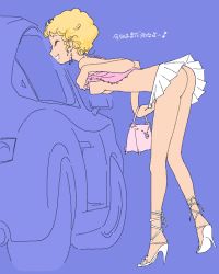 Rule 34 | 1girl, ass, bag, bare legs, bent over, blonde hair, blue background, breasts, car, closed eyes, clothes lift, cote, cross-laced footwear, earrings, handbag, hanging breasts, high heels, jewelry, leaning forward, legs, lifted by self, miniskirt, motor vehicle, nipples, no bra, no panties, pink shirt, pleated skirt, prostitution, self exposure, shirt, shirt lift, shoes, short hair, simple background, skirt, small breasts, smile, solo, stiletto heels, tank top, translated, upskirt, vehicle, white footwear, white skirt